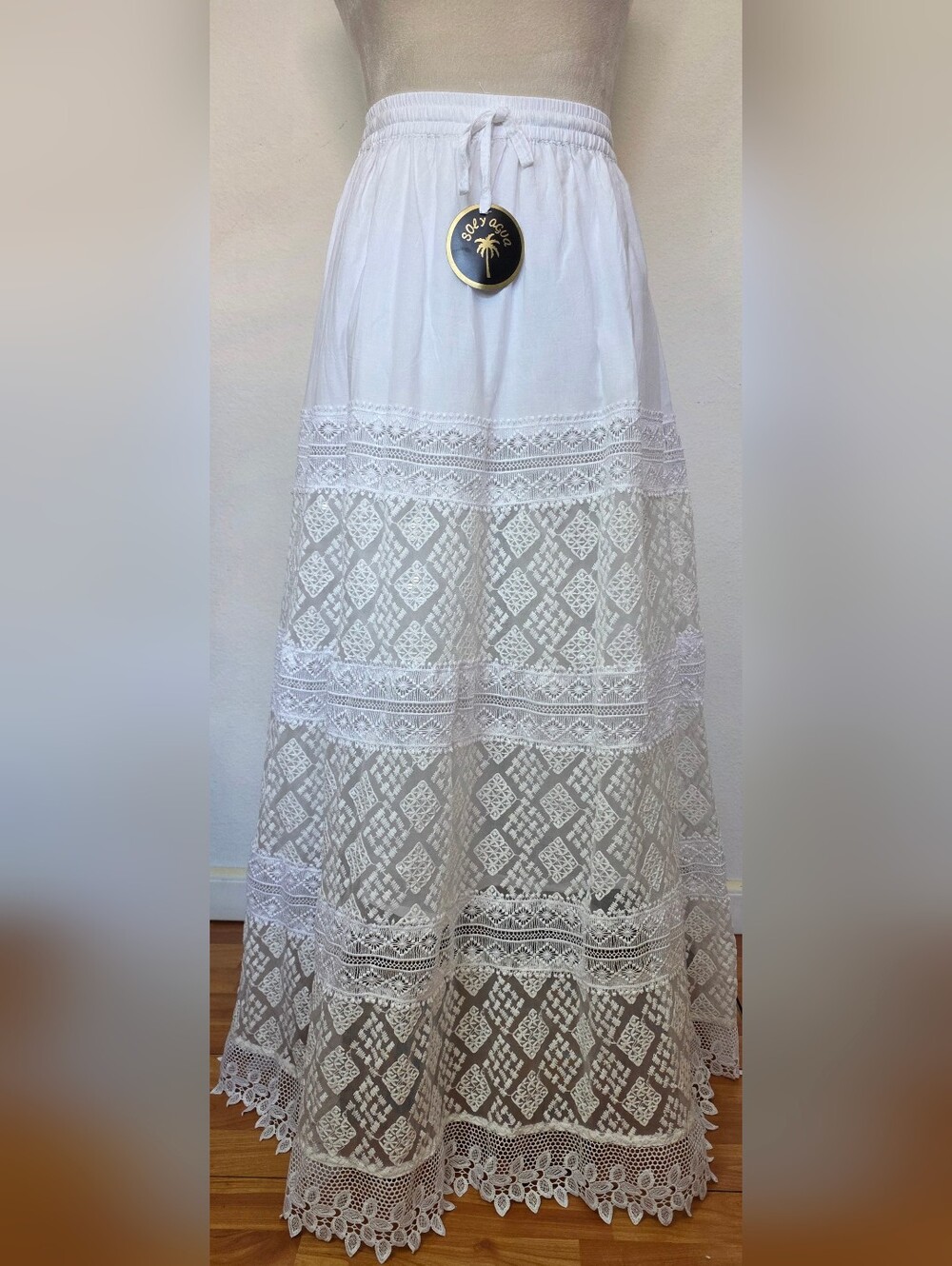 Women's Maxi White Tiered Lace Skirt Cotton 100% Summer L Boho Bohemian Sequins